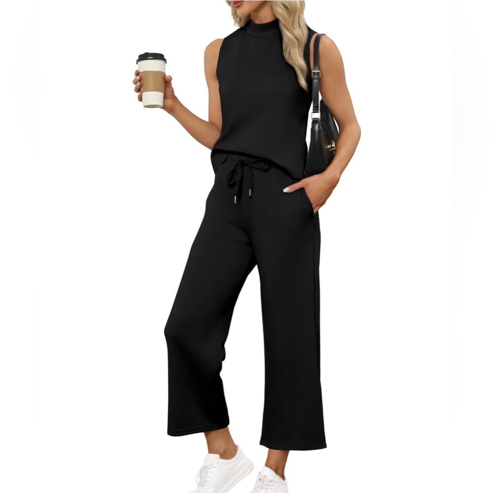 2 Piece Black Mock Neck Travel Outfit Set | Sleeveless Top Wide Leg Crop Pants